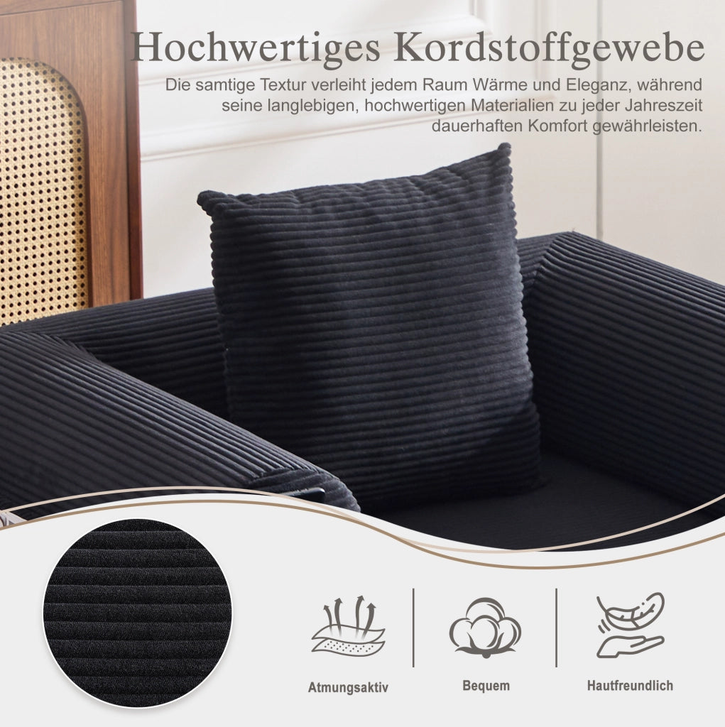 Divano modulare in velluto a coste nero 112 x 190 x 67 cm con cuscino e tasca laterale