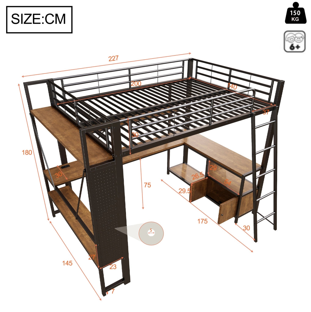Letto a soppalco 140x200 cm con scrivania, LED e ripiani nero HAVRYA