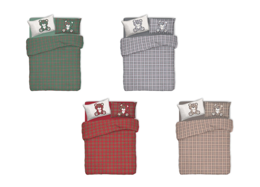 Copripiumino Sacco Piumone Pensieri Delicati 100% Cotone Orsetto Tartan - Matrimoniale - Grigio