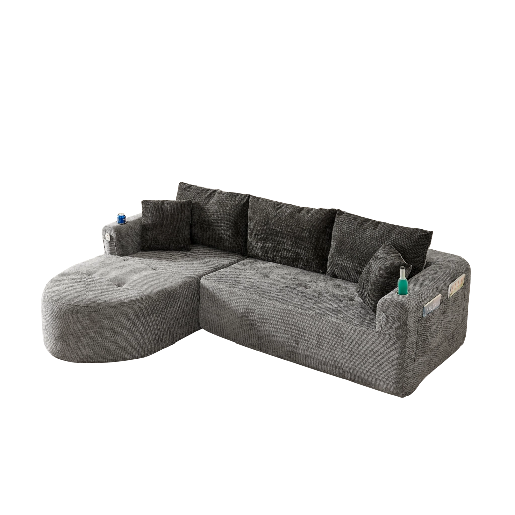 Divano Angolare a L con Braccioli e Tasche Laterali ¨C MINIMAL ¨C Lino Beige