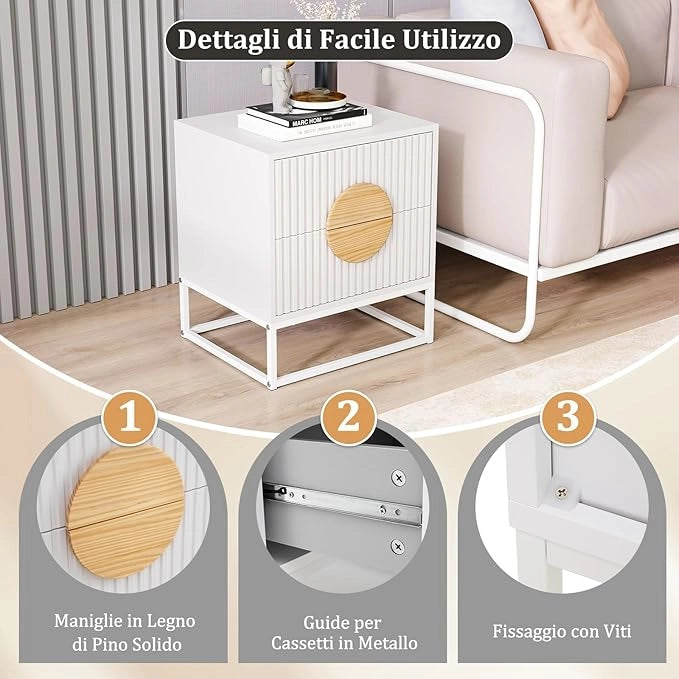 Comodino a 2 Cassetti, Tavolino con Maniglie in Legno di Pino e Struttura in Metallo, Cassettiera Salvaspazia Moderna per Camera da Letto e Soggiorno, 48 x 40 x 55 cm