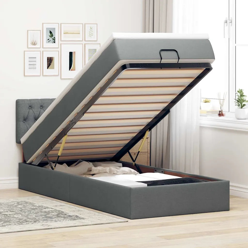 Pouf Letto con Materasso e LED Grigio Scuro 90x200 cm Tessuto