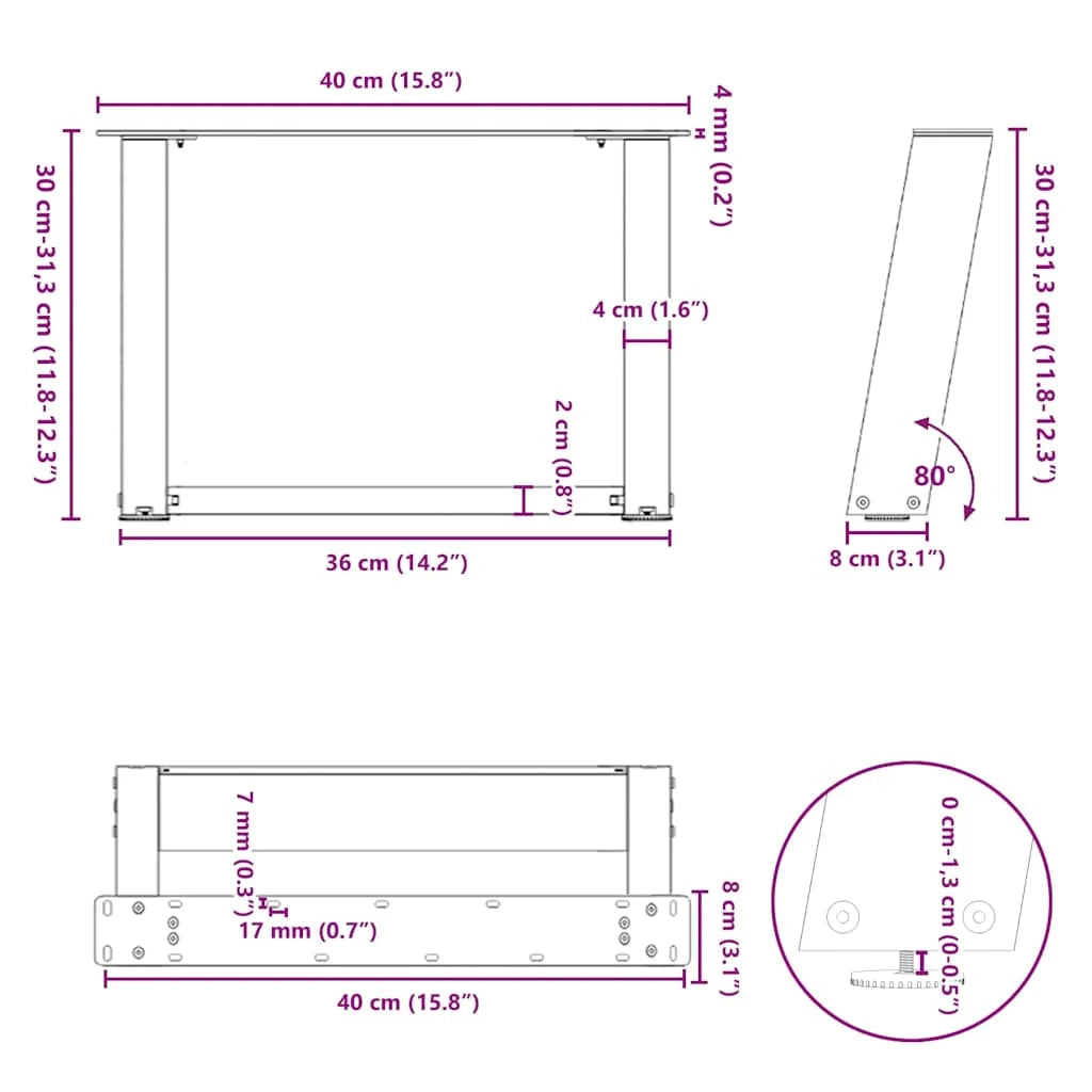 Set di 2 gambe per tavolino da caffè a forma di U design moderno stabilità regolabile 40 x 30 cm acciaio antracite 02_0057027