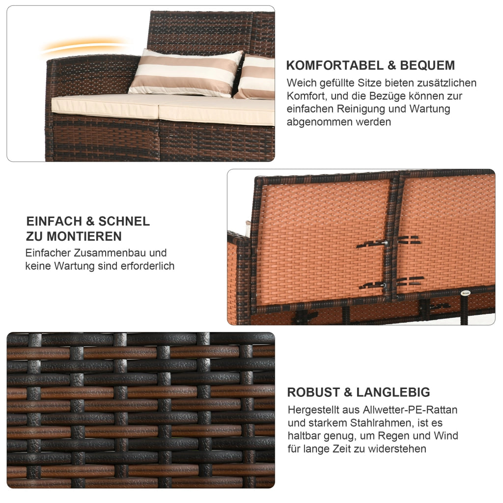 Divano 3 posti in rattan con cuscini ¨C zephmum ¨C marrone, metallo, 173x68x78 cm