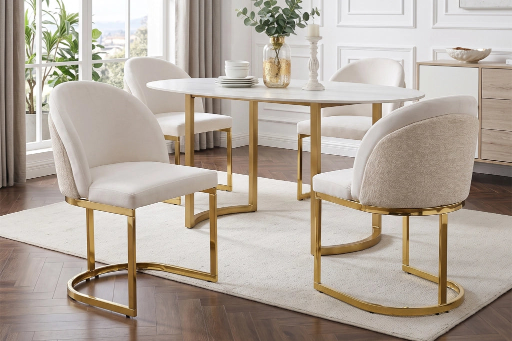 Chaise da sala da pranzo 2 pezzi con doppio schienale e gambe in metallo galvanizzato in chenille beige oro