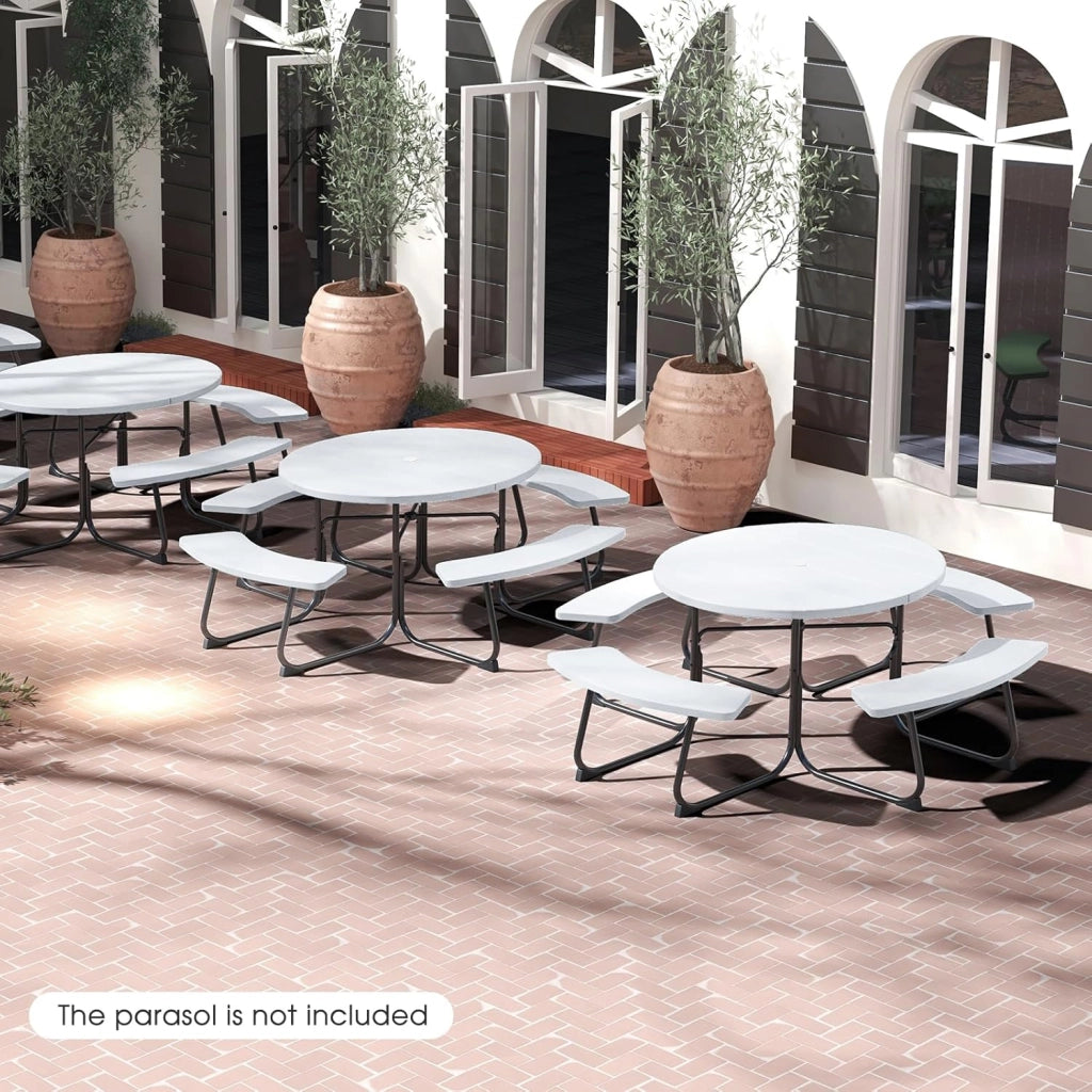 Set da Giardino per 8 Persone, Tavolo Rotondo da Picnic con 4 Panche, Tavolo da Birra in HDPE con Foro per Ombrellone, Set da Esterno Resistente