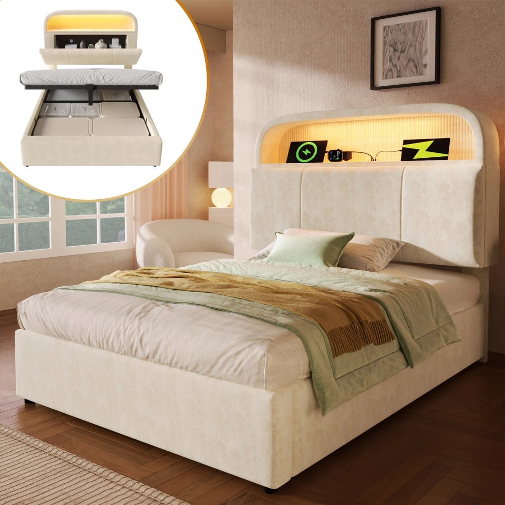 LETTO con testiera regolabile e portaoggetti 90x200 cm in velluto beige