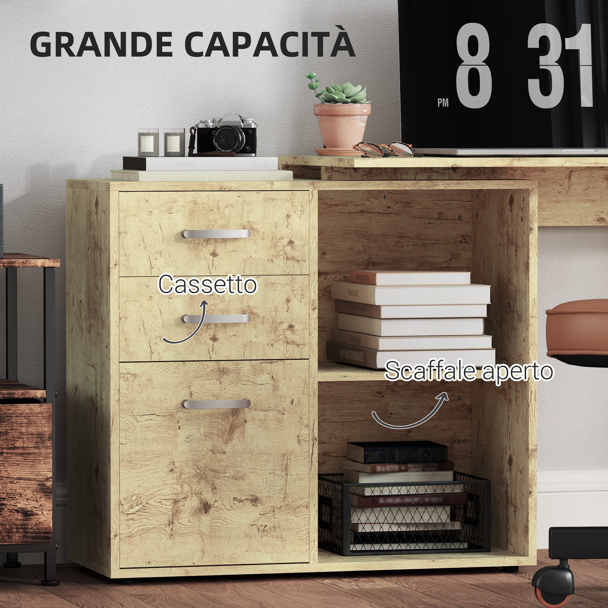 Scrivania da Ufficio Angolare 3 Cassetti e Ripiani Aperti 117x83,5x76 cm in Legno e Metallo Noce