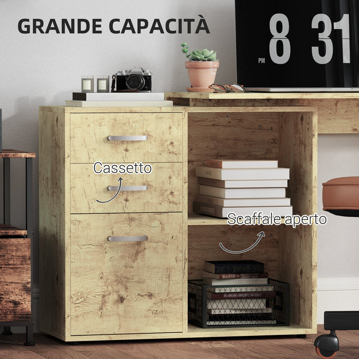Scrivania da Ufficio Angolare 3 Cassetti e Ripiani Aperti 117x83,5x76 cm in Legno e Metallo Noce