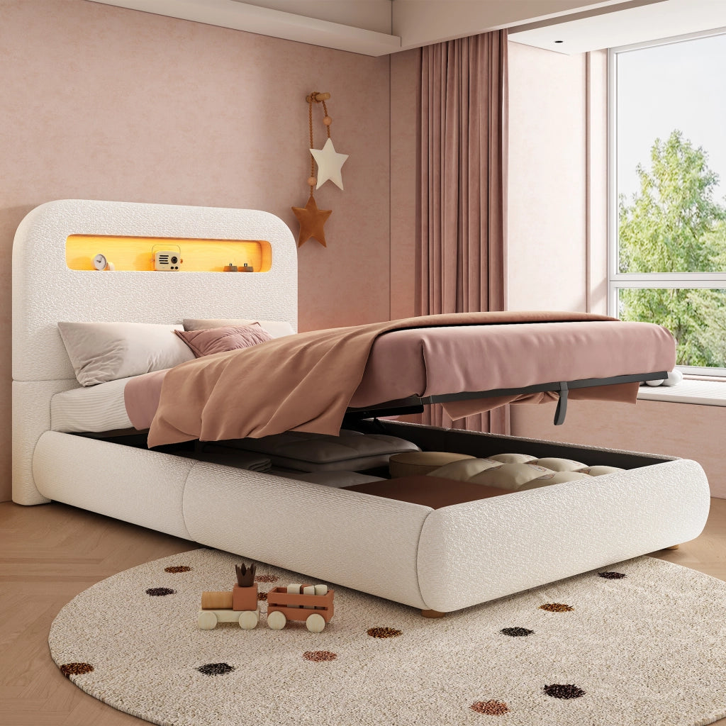 Letto singolo imbottito 90x200 cm con contenitore idraulico, LED e rete a doghe, bianco bouclé