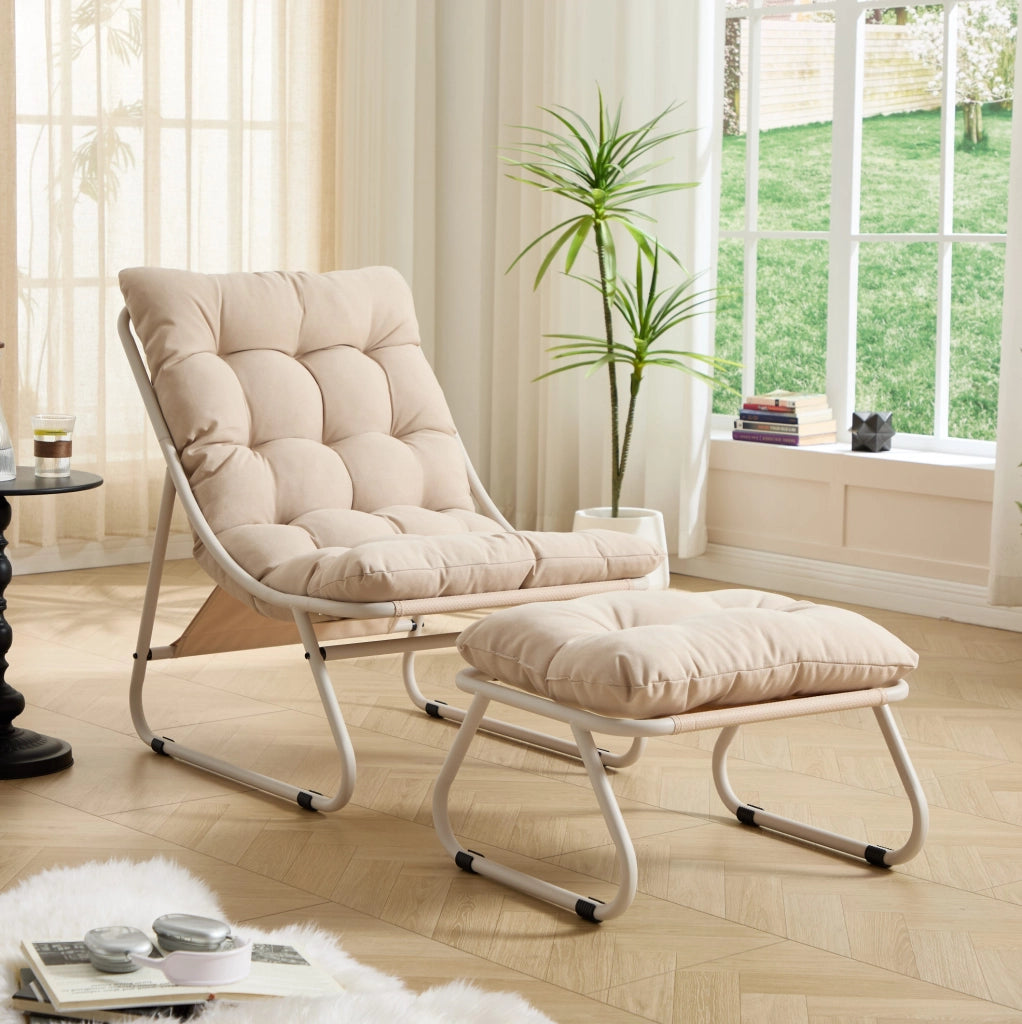 Poltrona relax da esterno con pouf beige in acciaio