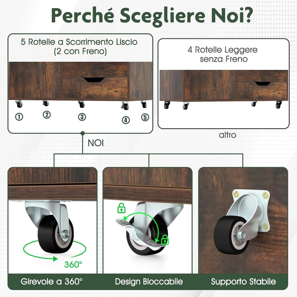 Cassetteria a 5 Cassetti, Comò Camera da Letto con Armadietto con Anta, Comodino Tavolino in Legno con 5 Ruote Universale, Mobile per Soggiorno, 77,5 x 40 x 64 cm (Marrone)
