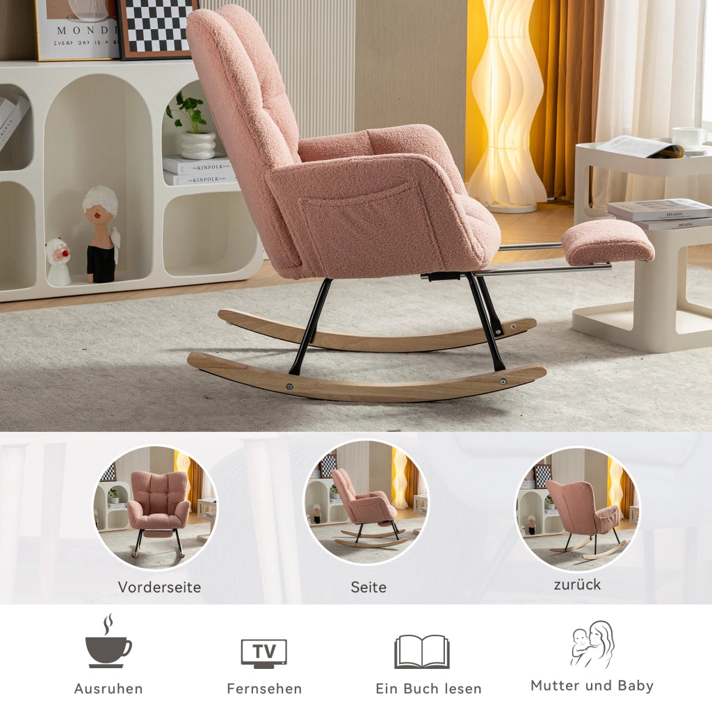 Sedia a Dondolo con Poggiapiedi Pieghevole; Schienale Alto Ergonomico e Braccioli Imbottiti; in Teddy Rosa