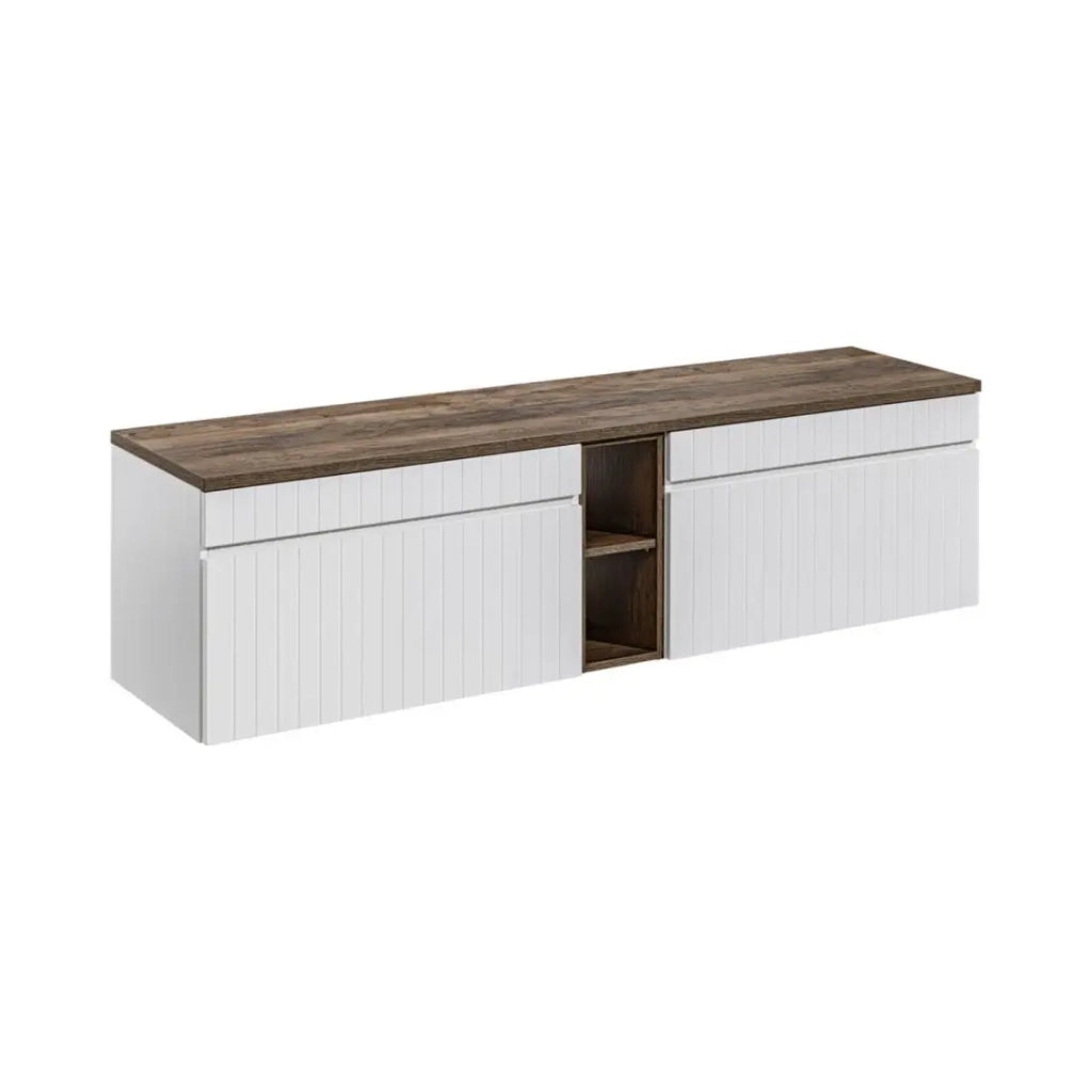 Set ICON bianco: mobili sottolavabo 180cm con nicchie visibili + top per lavabo effetto legno scuro
