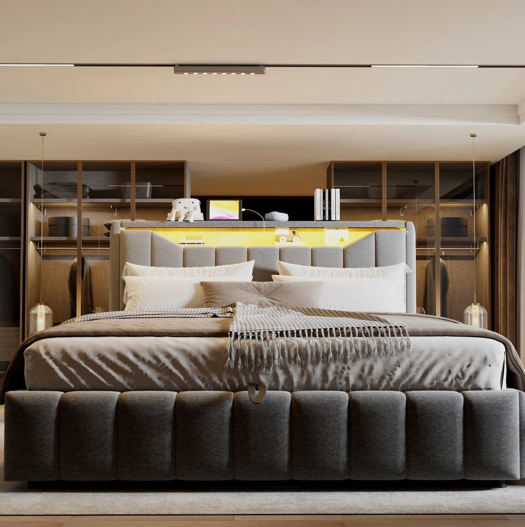 Letto matrimoniale imbottito 180x200 cm con contenitore, LED e USB