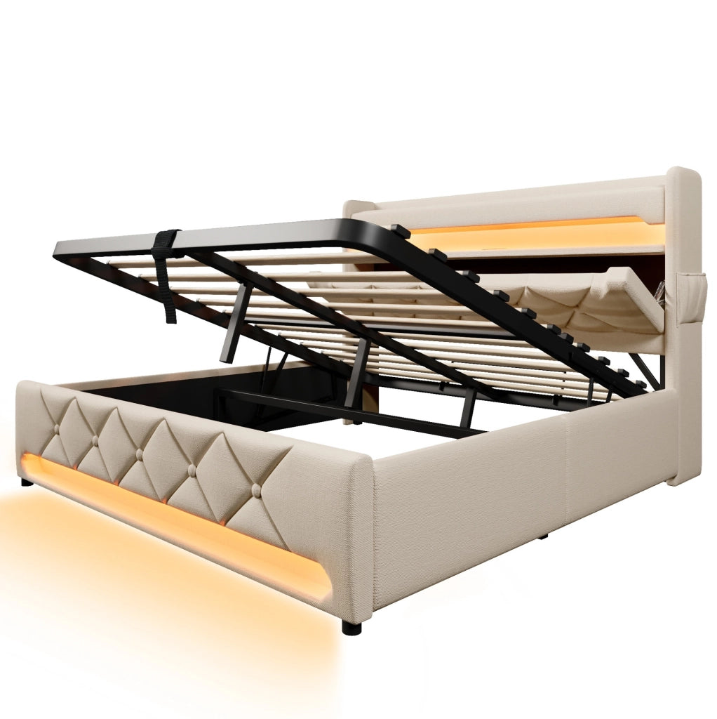 Letto matrimoniale 180x200 cm in lino beige con contenitore idraulico; LED e testiera con ricarica