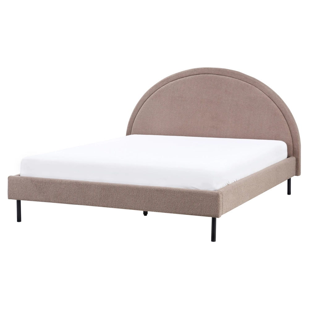 Letto matrimoniale in poliestere bouclè tortora imbottito con base a doghe e testiera rotonda 160 x 200 cm minimalista retrò