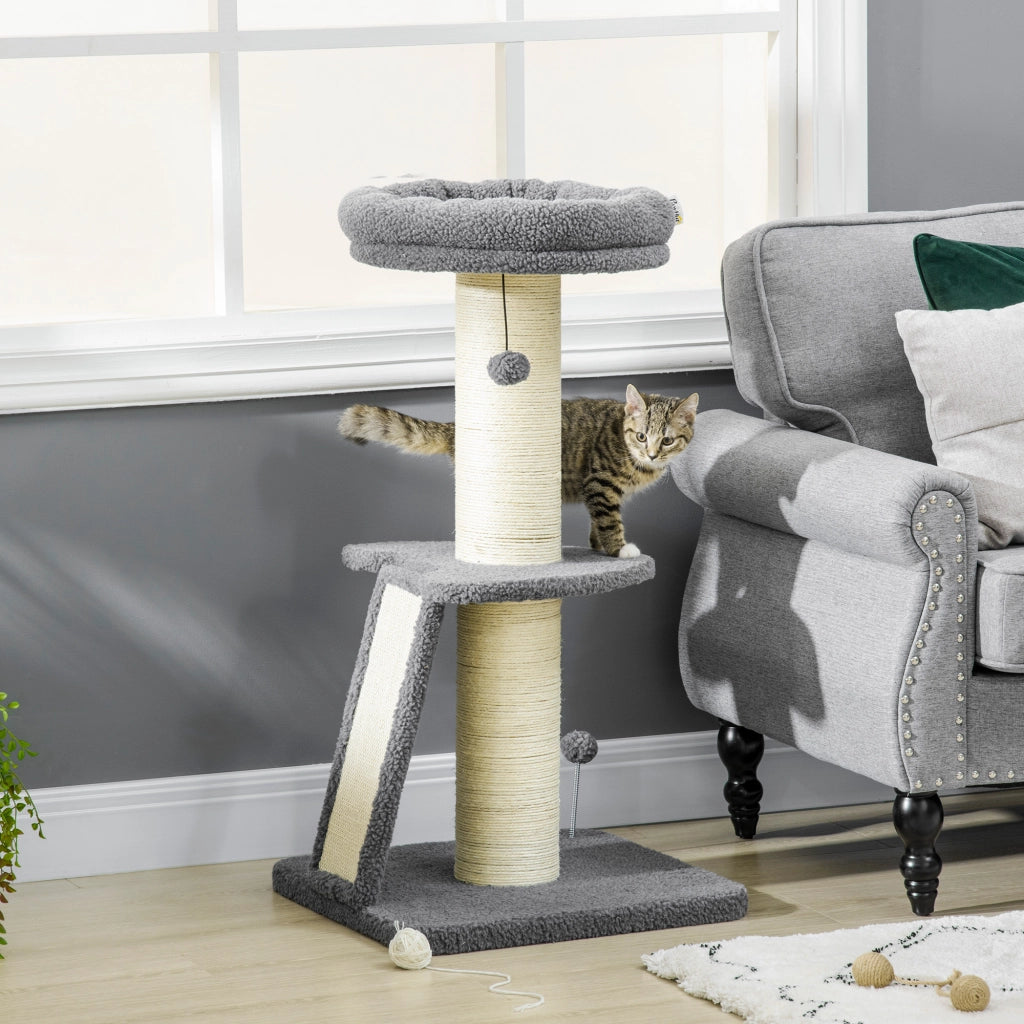 Tiragraffi per gatti con piattaforma, palline e rivestimento in morbido peluche
