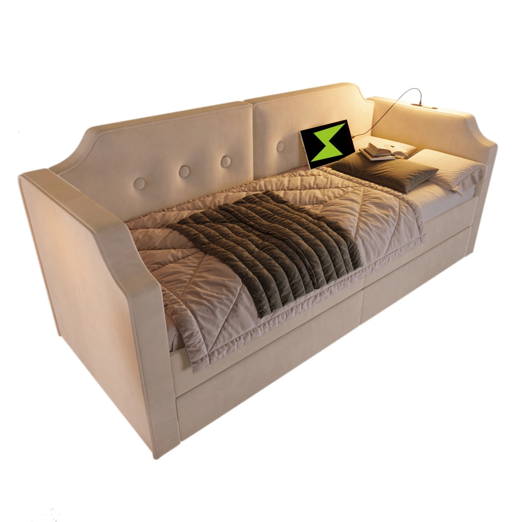 Letto imbottito 90x200 cm in velluto beige con USB Type-C, luce da lettura e 2 cassetti contenitore