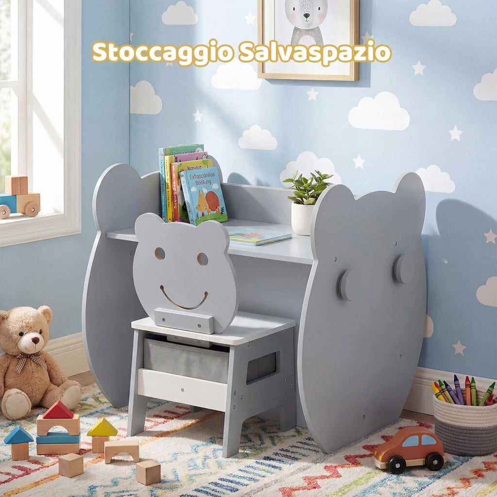 Set Tavolo e Sedia per Bambini 3+ Anni, Tavolo Multifunzionale con Lavagna Bifacciale, Ripiano e 4 Ganci Laterali, Sedia Comoda con Cassetto Rimovibile per Cameretta e Asilo (Grigio)