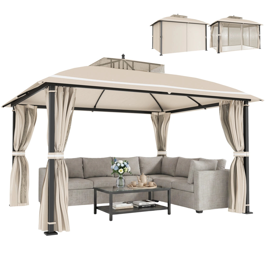 Gazebo da Giardino 3.7 x 3 m con Zanzariera, Tende Laterali e Doppio Tetto, Beige