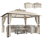 Gazebo da Giardino 3.7 x 3 m con Zanzariera, Tende Laterali e Doppio Tetto, Beige
