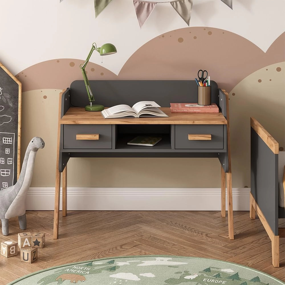 Scrivania Malia, Grigio/Artisan, 97 x 51 cm con 2 cassetti, regolabile in altezza per una configurazione flessibile della postazione di lavoro