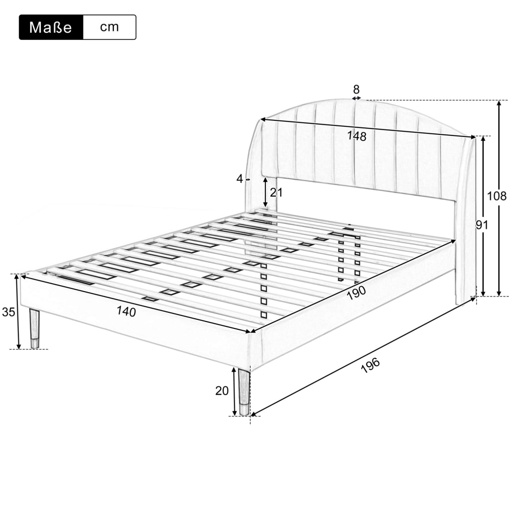 Letto imbottito 140x190 cm; con testiera e rete a doghe; velluto beige
