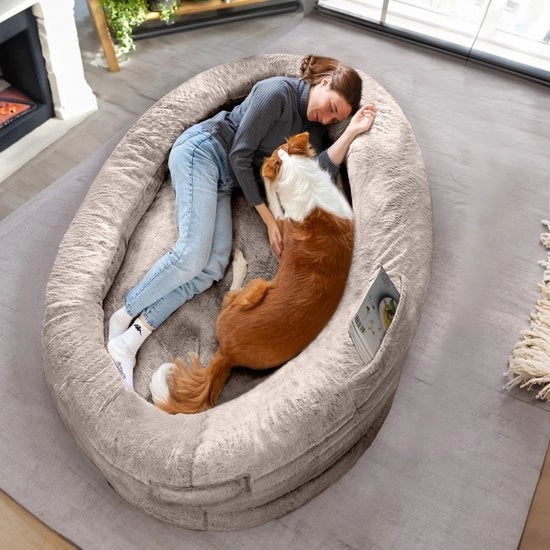 Letto per persone e cani | Grande lettino per persone | Scomparto caldo e confortevole per sedersi | Lettino per persone e animali domestici di grandi dimensioni | Copertura rimovibile | Beige