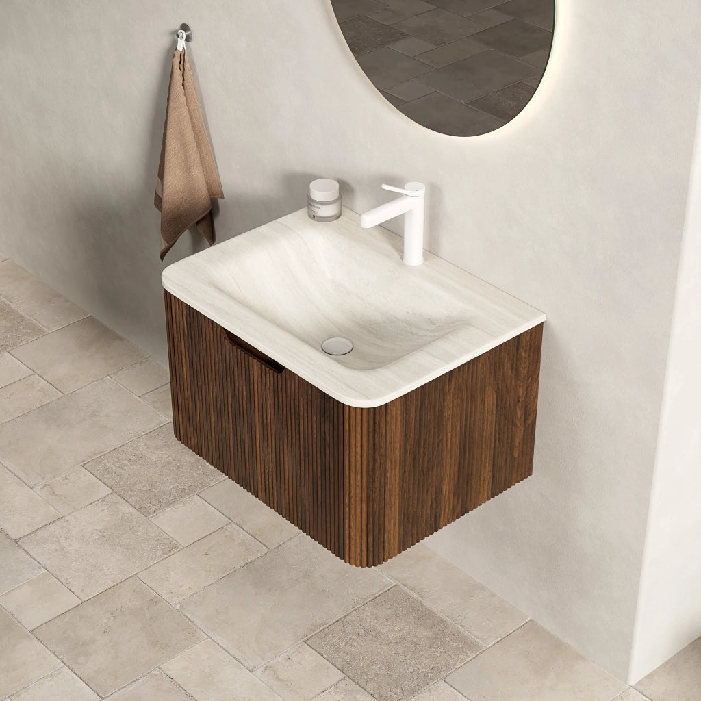MOBILE BAGNO con lavabo integrato in pietra sinterizzata Beige e Noce