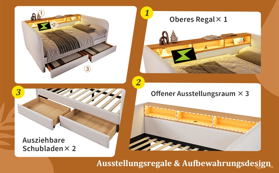 Letto combinato 140 × 190 cm con LED regolabile, USB, Type-C, 2 cassetti e testiera contenitore, senza materasso