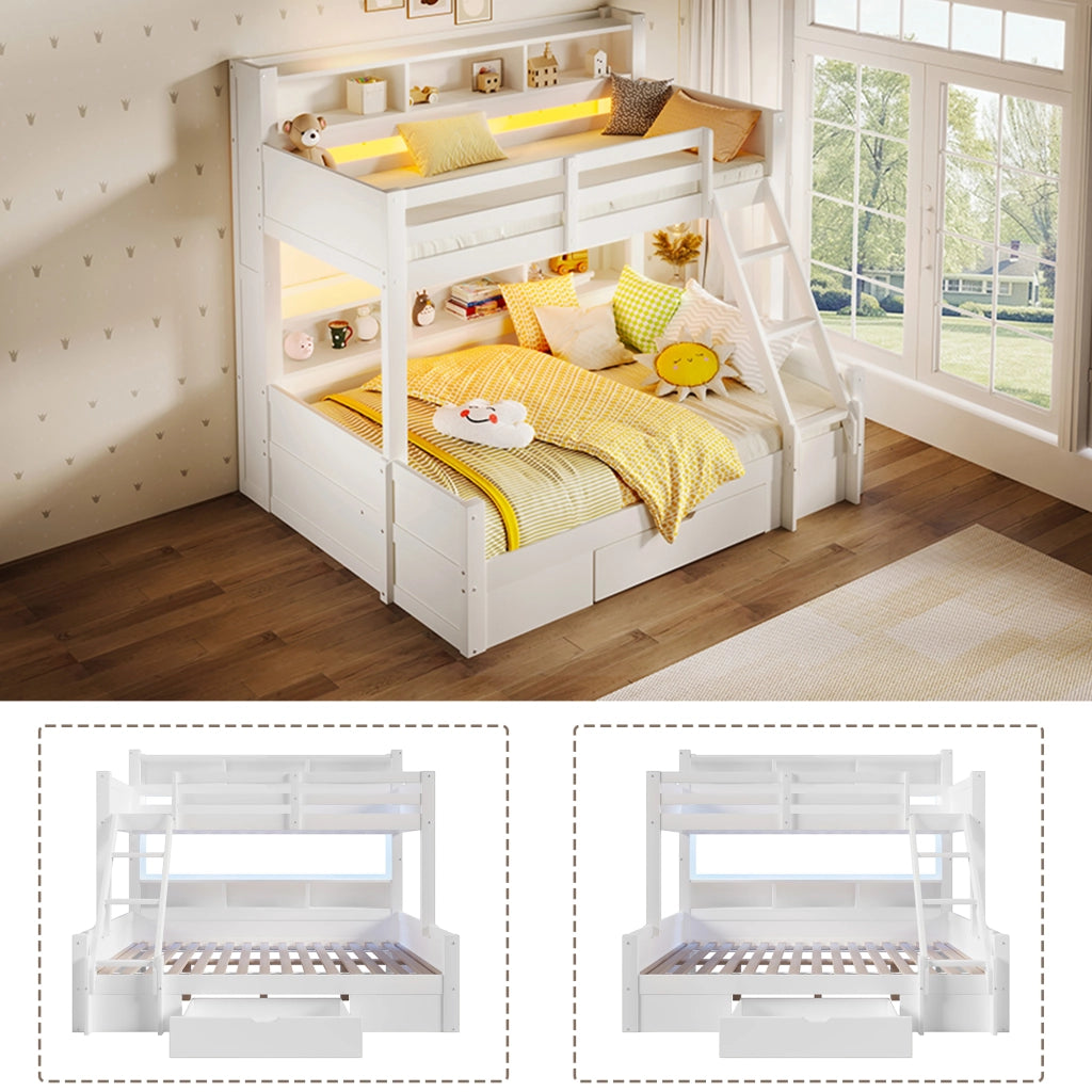 Letto a Castello 90x200 cm e 140x200 cm; con Scala; LED; Ripiani Aperti e Cassetto; Bianco