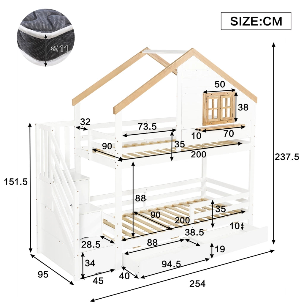 Letto a castello in legno 90x200 cm con scale contenitive e cassetti