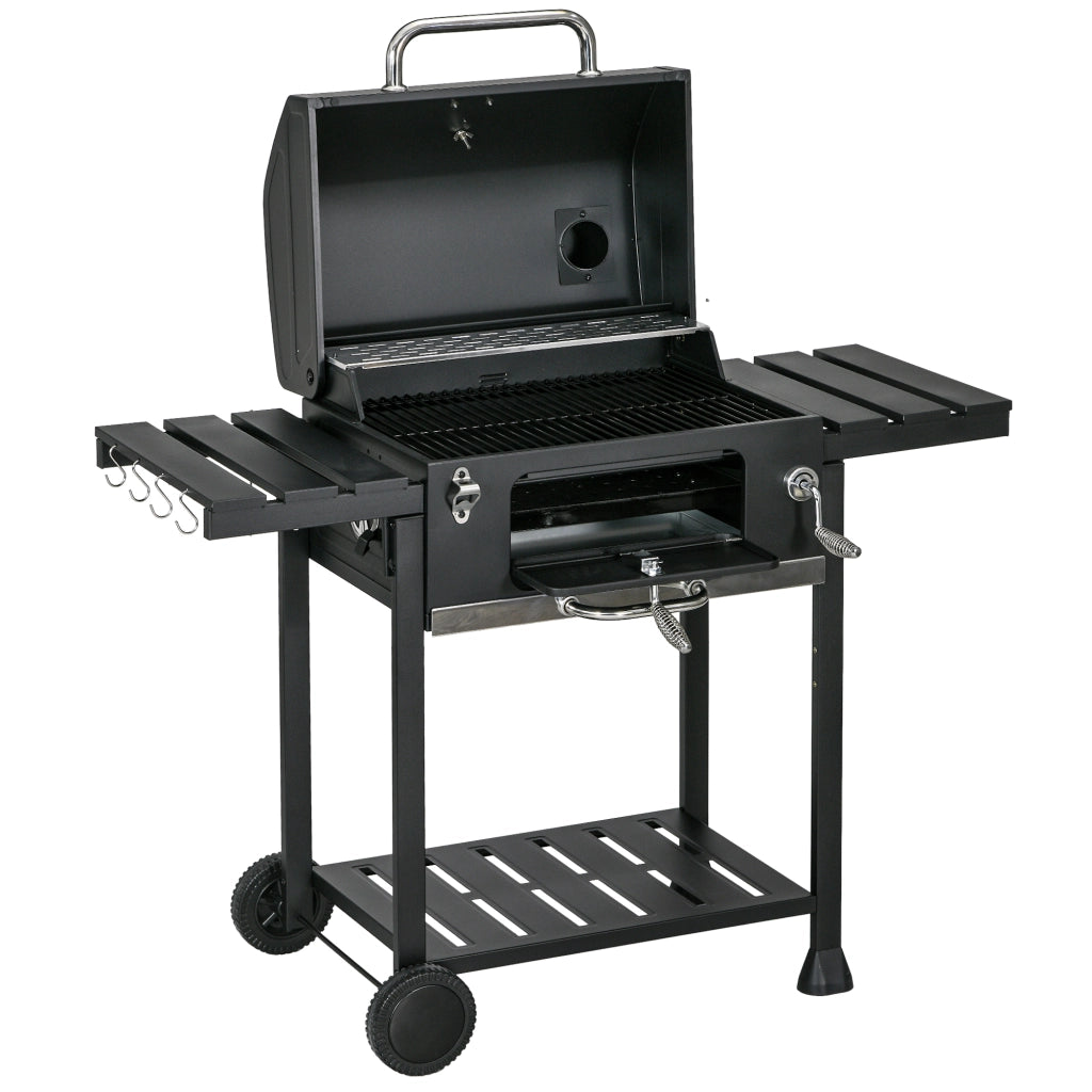 Barbecue a Carbone con Coperchio con Termometro, Griglia Regolabile, Ruote e Tavolini, Nero