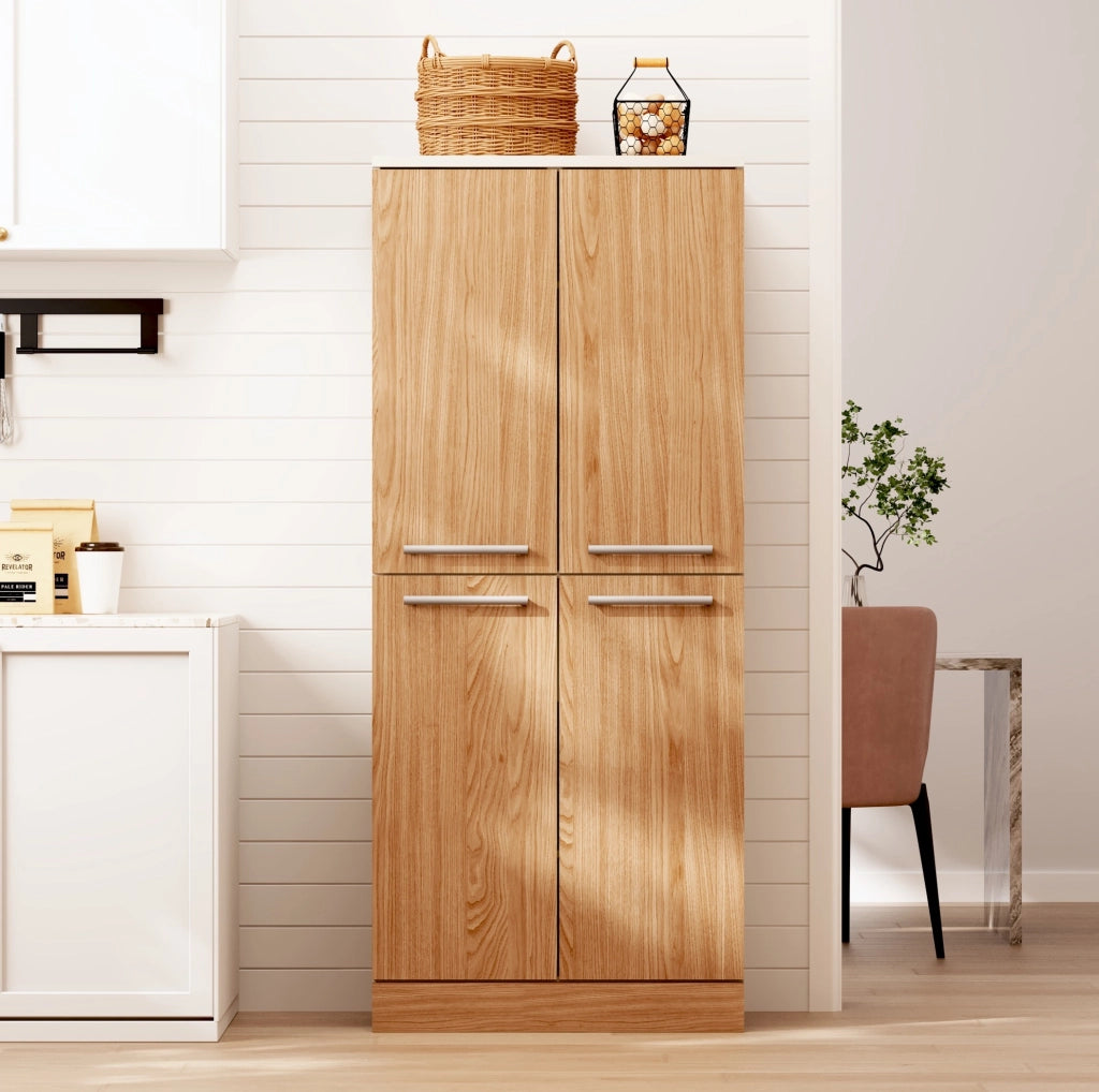 Mobile dispensa 76x42x180 cm con 4 ante e ripiani regolabili in MDF bianco e naturale