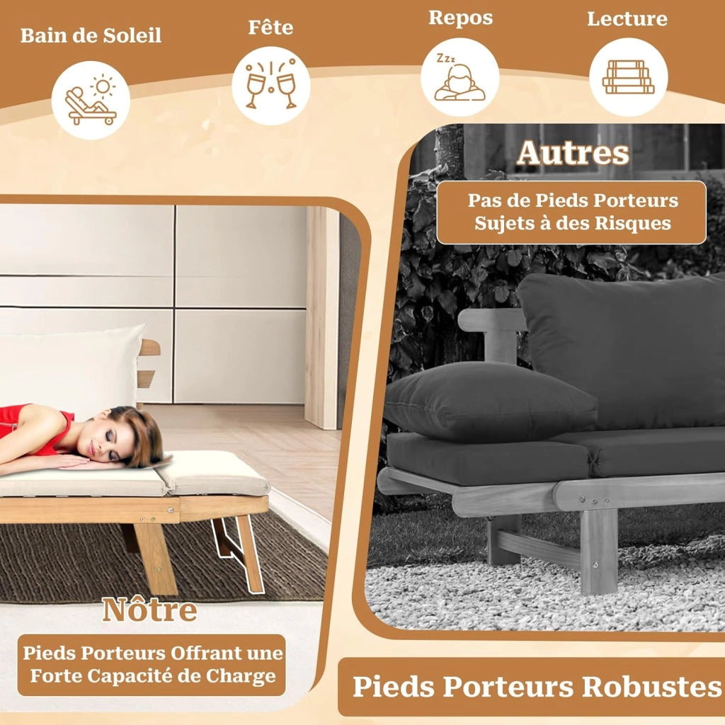 3 in 1 Divano convertibile Letto Giardino Esterno, Divano 2-4 Posti in Legno di Acacia con Cuscini di Schienale e Seduta Spessa Rimovibile, Carico 320KG, per Balcone Terrazza, Bianco