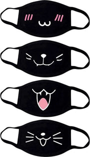 Maschera da Cartone Anime Unisex in Cotone Anti-Statore Moda Kawaii Protezione Solare Simpatetica Rimpiazzabile Emoticon Maschera Nera - Set da 4 con Motivo
