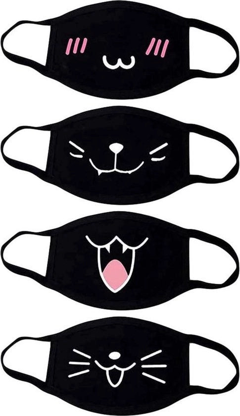 Maschera da Cartone Anime Unisex in Cotone Anti-Statore Moda Kawaii Protezione Solare Simpatetica Rimpiazzabile Emoticon Maschera Nera - Set da 4 con Motivo