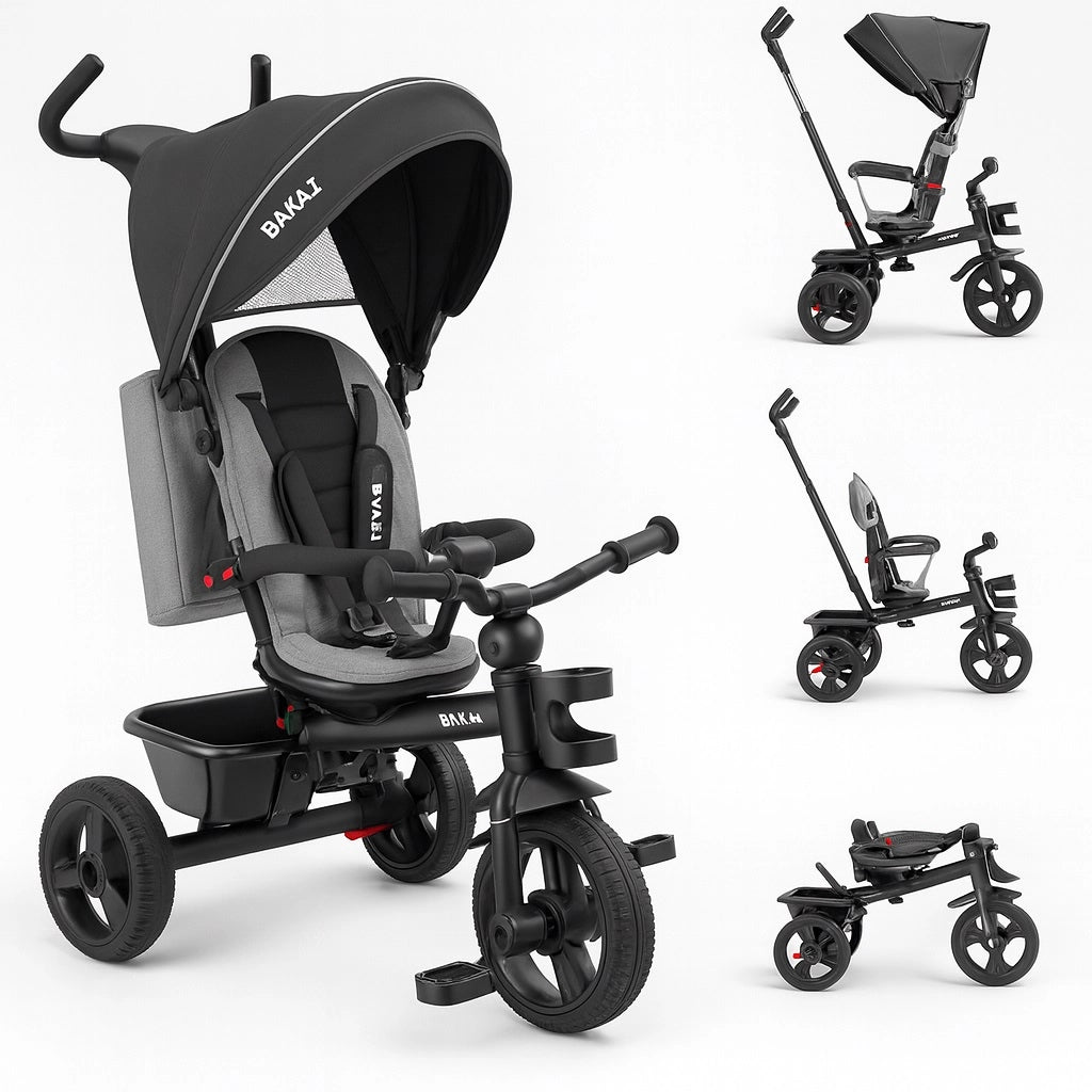 Triciclo Bambini 5in1 con Sedile Girevole 360°, Cappottina, Pedali e Maniglione Regolabile Nero