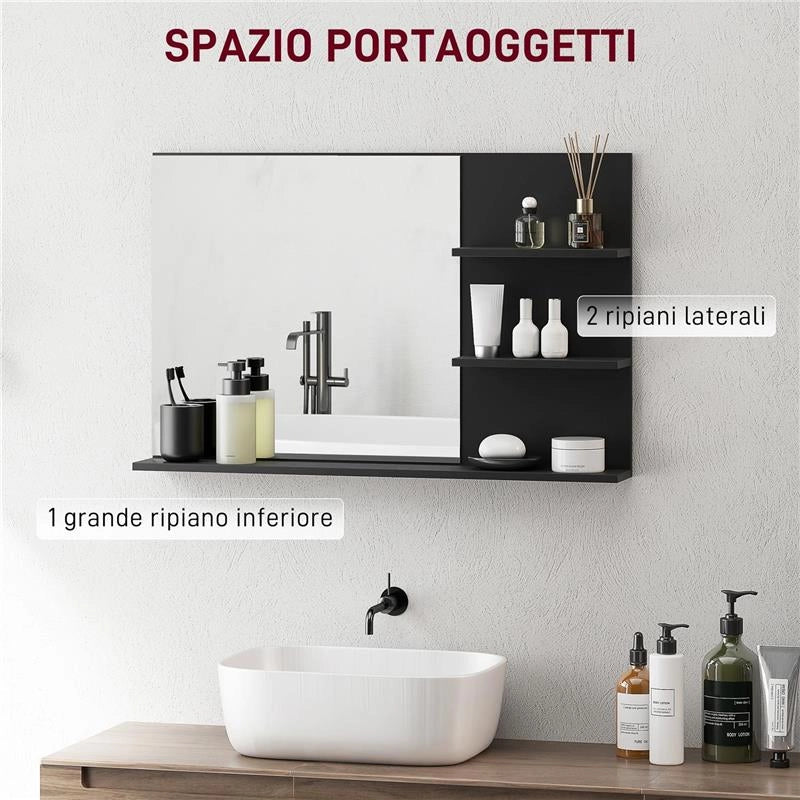 SPECCHIO BAGNO MODERNO CON 2 RIPIANI LATERALI E RIPIANO INFERIORE, IN LEGNO E VETRO, 75X10X48 CM, NERO