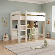 Letto a soppalco singolo 90x200 cm bianco con scrivania a L; mensole; cassetti e USB/Type-C