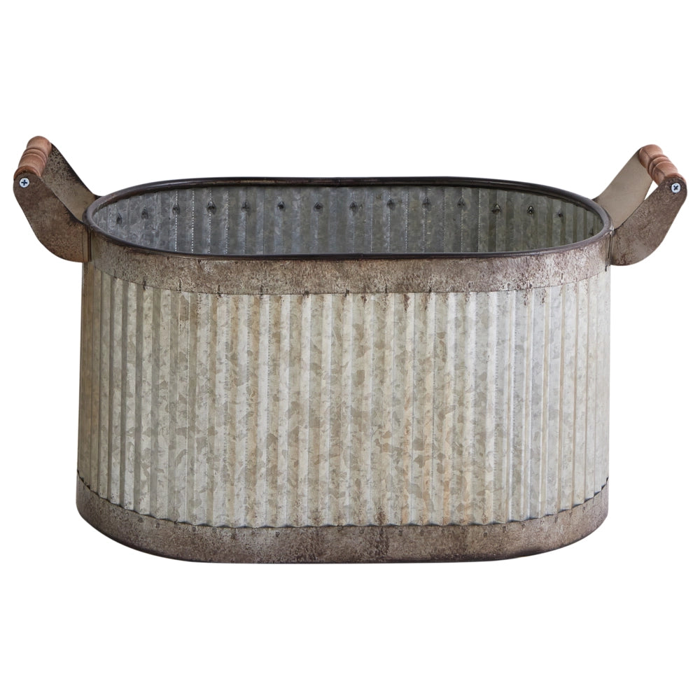 Set di 2 vasi per piante Grigio Effetto Distressed Ferro Manici in legno per interni e per esterni con plastica Stile Industriale