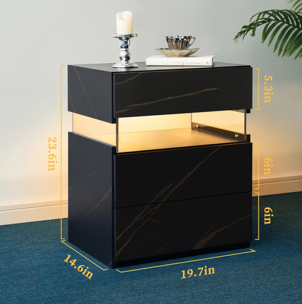 Comodino LED RGB con 3 cassetti e pannello acrilico; nero e oro