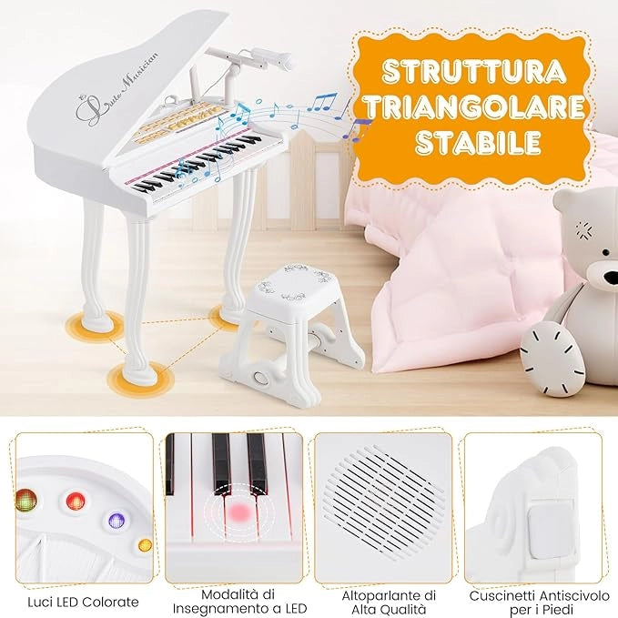 Pianoforte per Bambini a 37 Tasti, Set Pianoforte con Microfono Regolabile, con Funzione di Registrazione e Riproduzione, Giocattolo Tastiera Musicale per Bambini 3+ Anni (Bianco)