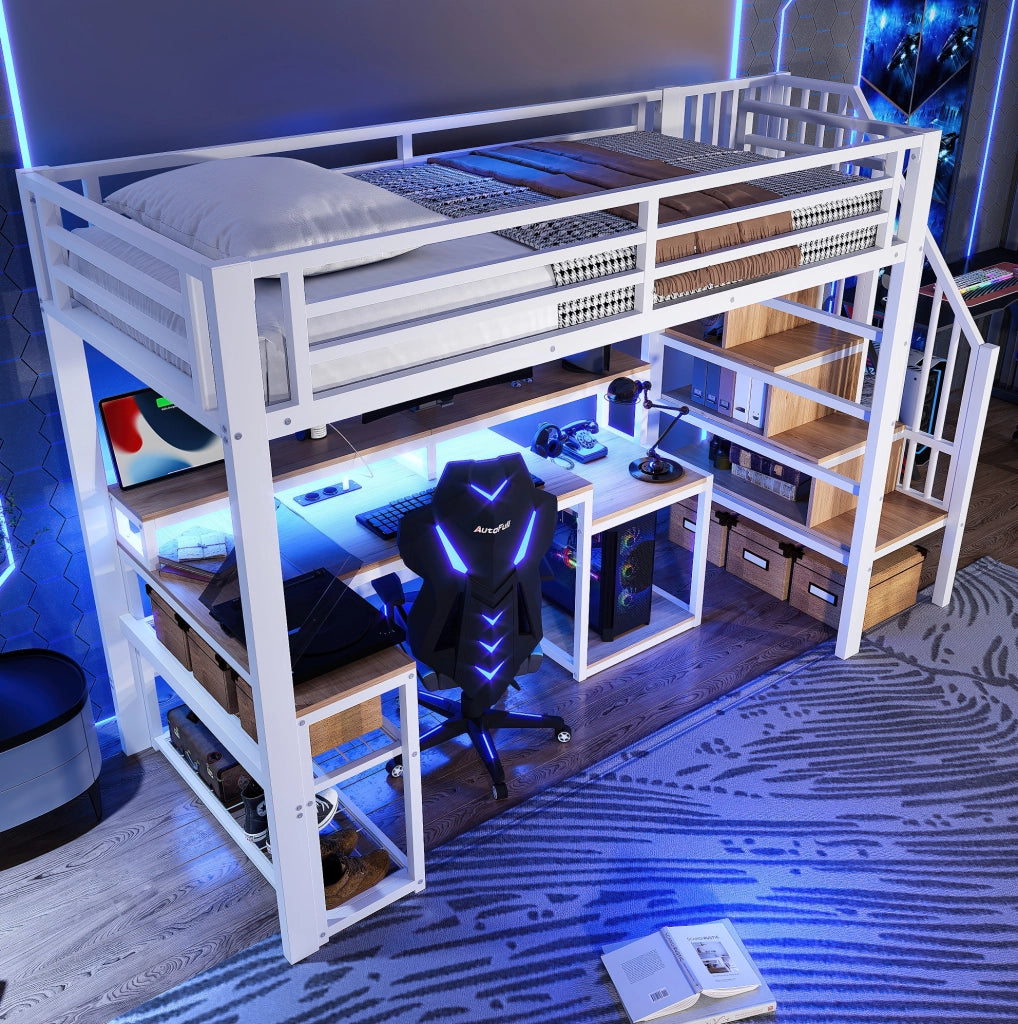 Letto a soppalco ULEVR 90x200 cm con scrivania, LED regolabile via app, USB e ripiani, bianco