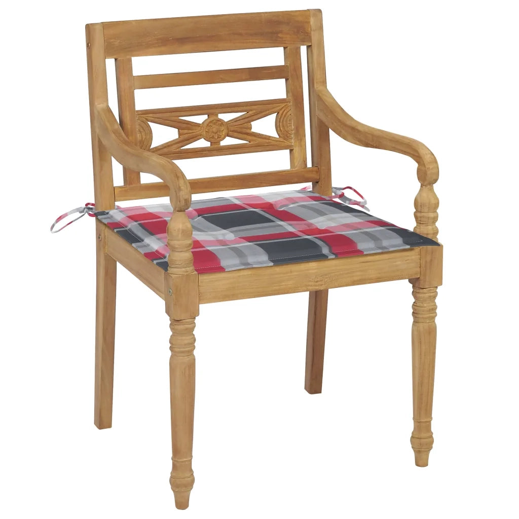 Sedie Batavia 2 pz con Cuscini a Quadri Rossi Massello di Teak 3062140