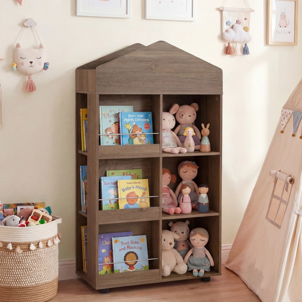 Libreria per bambini a 4 livelli con vano superiore 3 grandi scomparti 3 ripiani per libri e 3 scomparti laterali, Scaffale portaoggetti Naturale