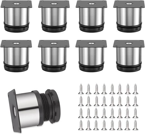 8 Pezzi di Supporti per Mobili - Supporti per Cucina in Acciaio Inossidabile - Altezza 5 cm - Diametro 5 cm - Supporti per Mobili Regolabili 0-15 mm per Mobili, Sostegni per Sedia, Sostegni per Cucina