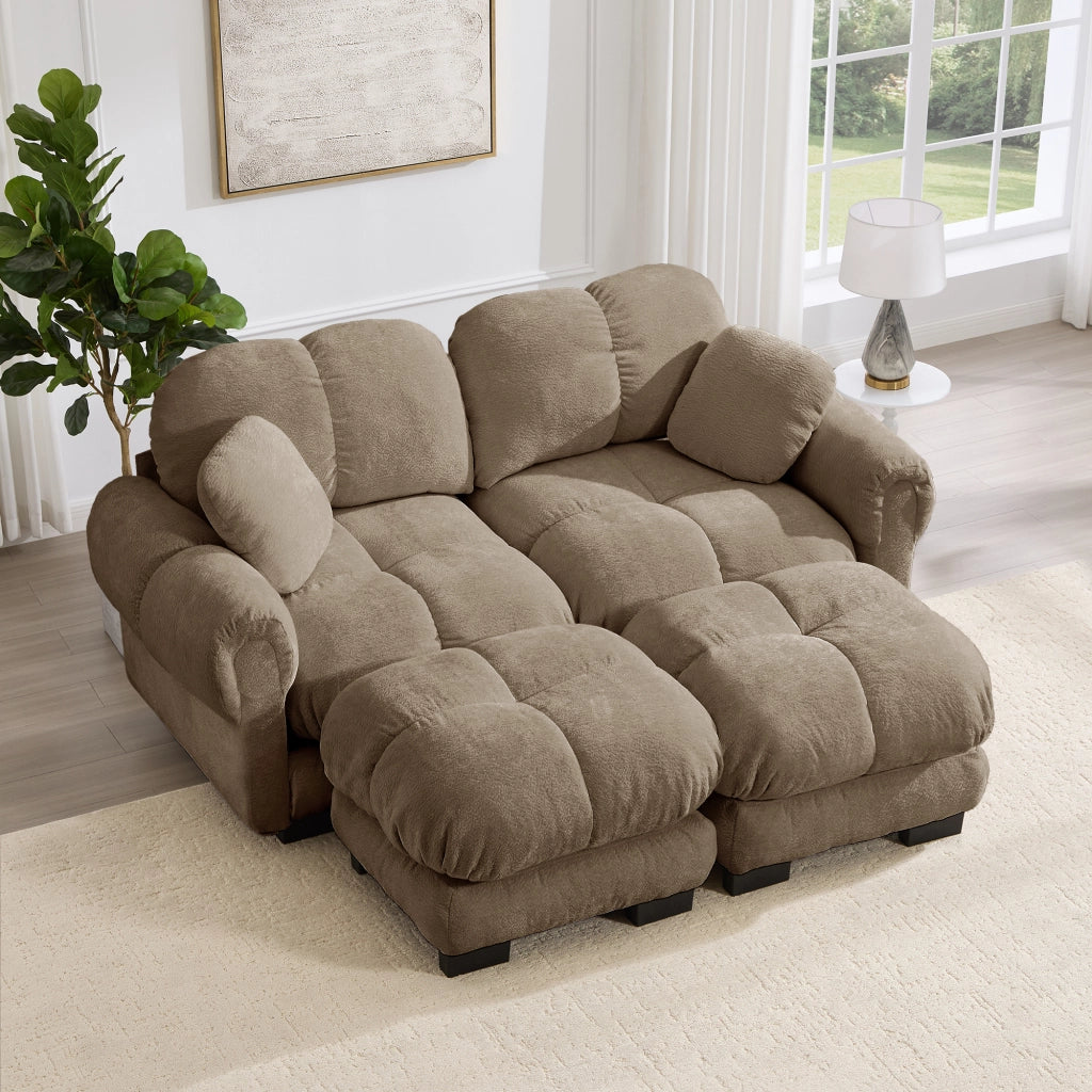 Divano modulare in ciniglia con cuscini trapuntati e seduta spessa, con pouf mobile marrone 190 × 149 × 90 cm