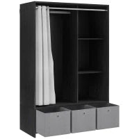 Armadio Appendiabiti con Asta, Tende, 3 Ripiani e 3 Cassetti in Tessuto Rimovibili, 105 x 48 x 160 cm, Nero